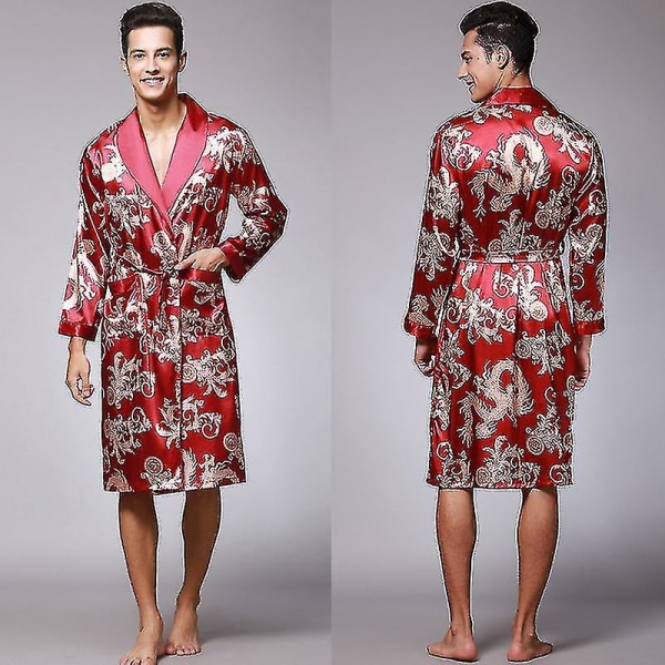 Nightgown Silk Silk Pyjamas Men's Long Sleeved Nightgown Bathrobe Home Wear CMK Red wine XXL