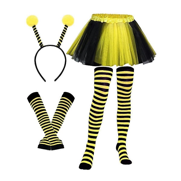 Bi-kostumesæt til voksne Halloween Bi-kostume Tutu-nederdel Bi-stribet knæstrømpe Lange handsker YellowBlack