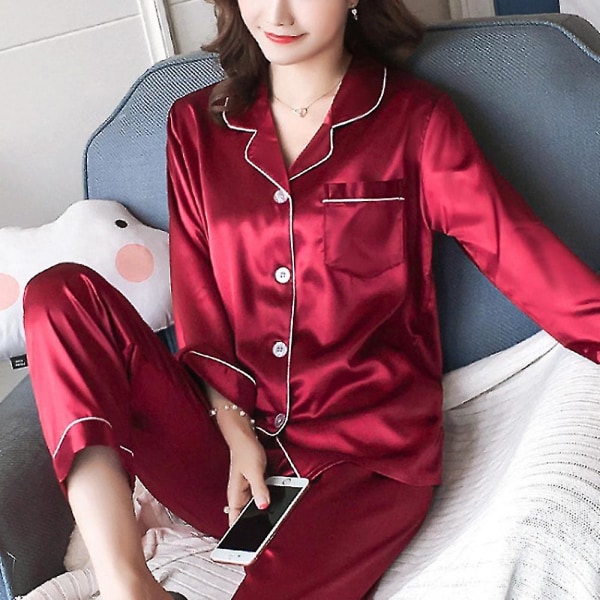 Hmwy-women Satin Silk Look Sleepwear Pyjamas Long Sleeve Nightwear Set CMK Red XL