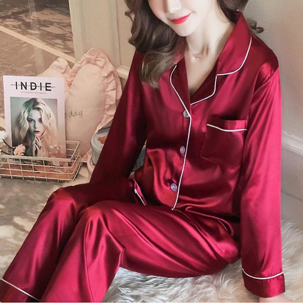 Hmwy-women Satin Silk Look Sleepwear Pyjamas Long Sleeve Nightwear Set CMK Red 3XL