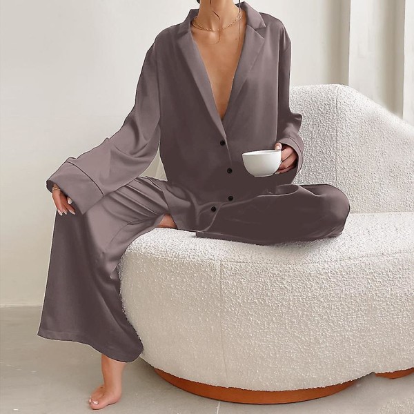 Oversized Satin Silk Sleepwear Low Cut Sexy Pajamas For Women Single-breasted Long Sleeves Wide Leg Pants Trouser Suits CMK Brown S