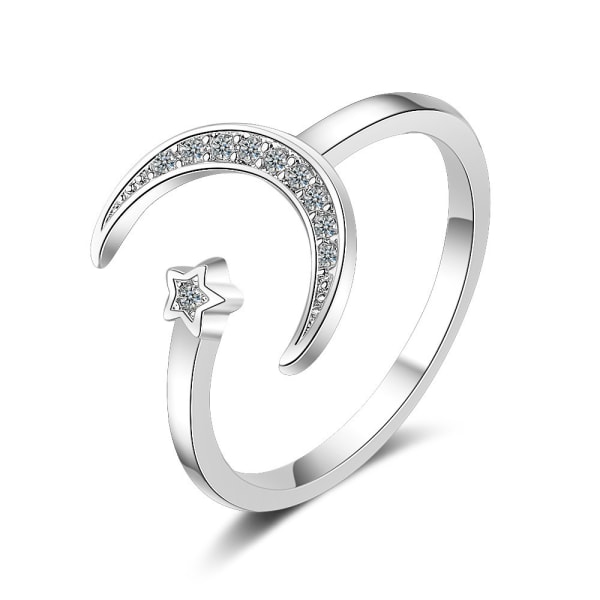 S925 Silver Moon Star Ring Synthetic Opal Open Adjustable Women