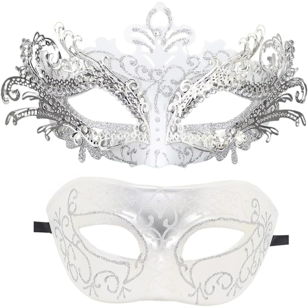 Par Maskerad Mask Metall Järn Butterfly Ball Mask (Silver Vit) 2 Styck silver