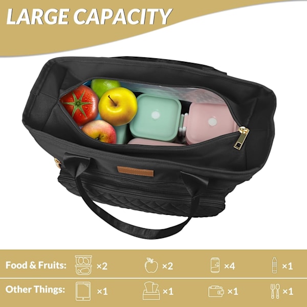 Stor frokosttaske til kvinder til arbejde, isoleret/kølet madkasse til voksne kvinder/holdbar nylon taske til kvinder/læksikker køletaske Black