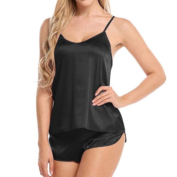 Women Sleeveless Strap Sleepwear Solid Pajama Sets CMK Black L