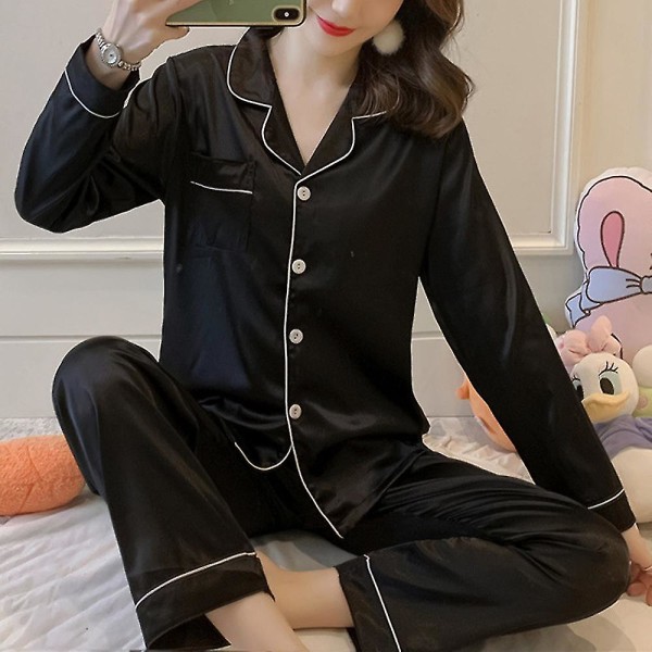 Hmwy-women Satin Silk Look Sleepwear Pyjamas Long Sleeve Nightwear Set CMK Black L