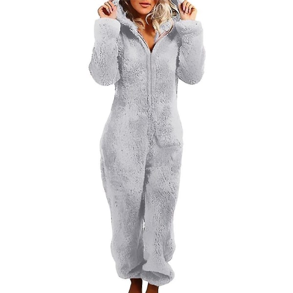 Women Winter Fluffy Fleece Hooded All In One Jumpsuit CMK grey L