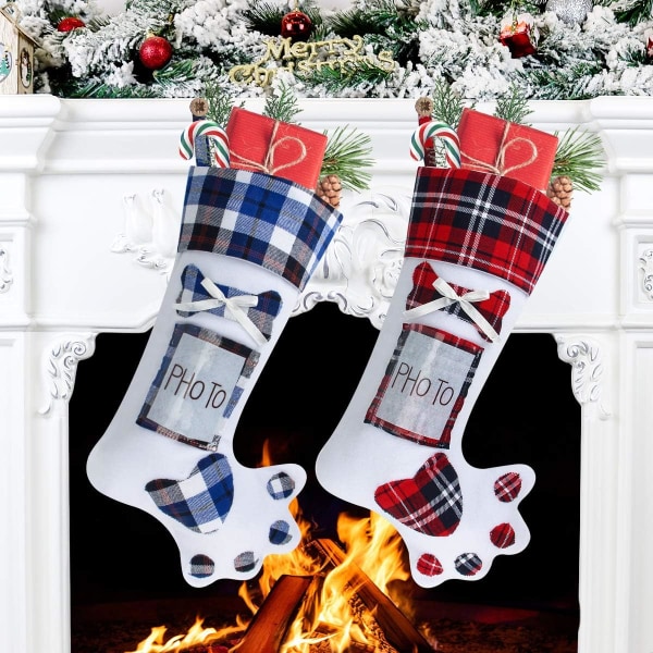 Lemmikkieläinten joulusukat, 18" isot tassun ruudulliset sukat, joissa on valokuvasäilytys koirakissalle joulusukat Joulukoristeet perhelomakoristeet Z