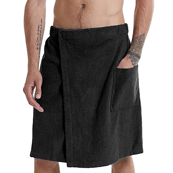 Justerbart badehåndkle-skjørt for menn - Bærbart håndkle-skjørt med lomme for gym, dusj, badstue, spa og strandklær svart M Black