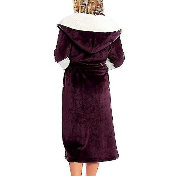 Sherpa Fleece Bathrobe Women Soft Dressing Gown Hooded Fluffy Towling Bath Robe_y CMK Wine Red S