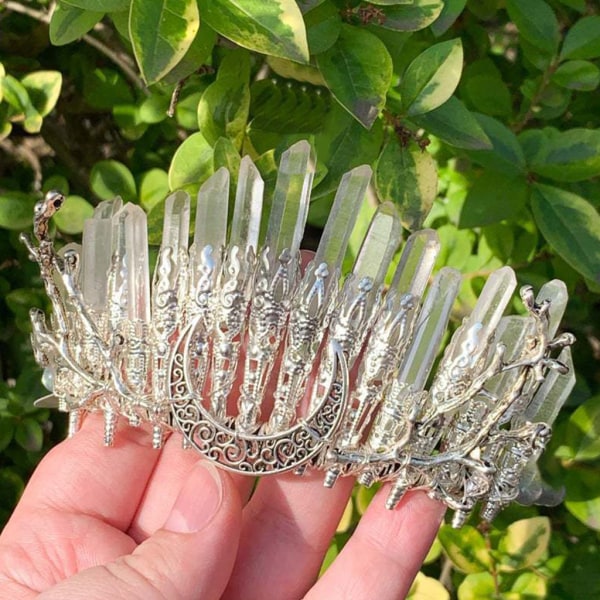 Kristallpannband Vit Natural for råstenshårtillbehör med grenar Halvmåne Boho-stil Quartz Tiara Crown for onsdag