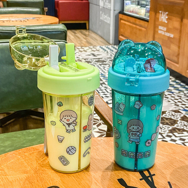 Barn vann dricksflaska söt sugrör for barn kreativt flickaktig hjärta plast dobbelt drink tegnet Green 420ML