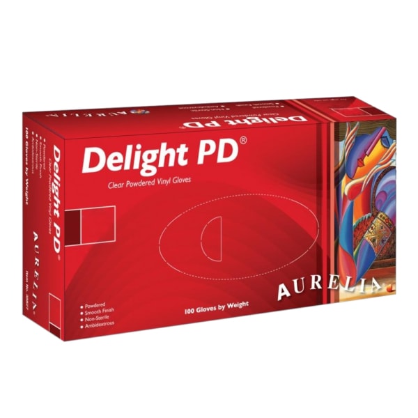 Aurelia Delight PD klara pulveriserade vinylhandskar (förpackning om 100) Clear M