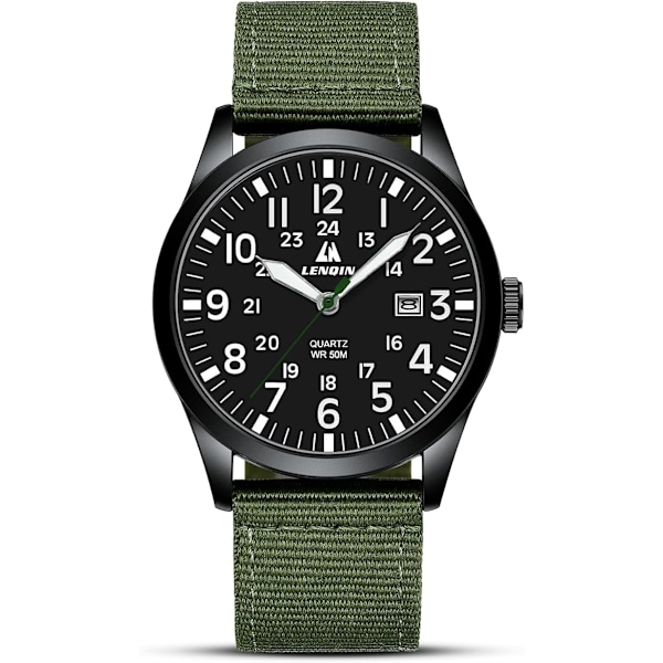 Herreklokker Militærklokke Feltklokke Analog Kvarts Klokker for Menn Vanntette Armbåndsur med Dato Nylonrem Armé Taktisk Sportsklokke