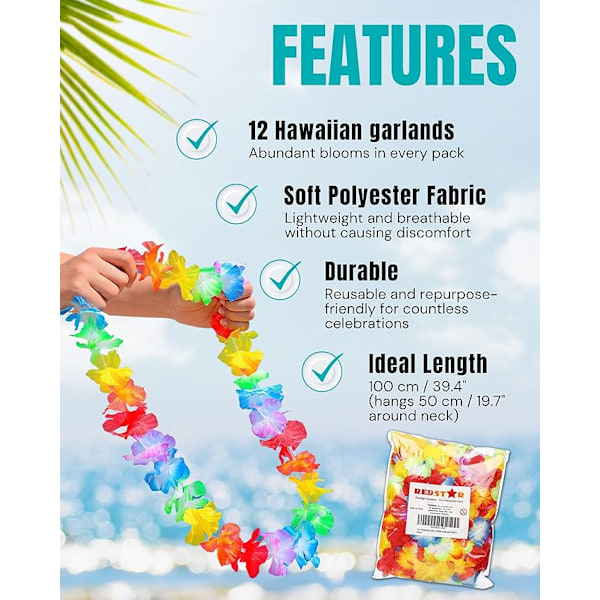 Redstar Hawaii Kaulakoru, 12 kappaletta, Kukkakaulakoru, Havaijilainen Cos