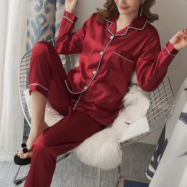 Women Satin Silk Look Sleepwear Pyjamas Long Sleeve Nightwear Set CMK 2XL Red