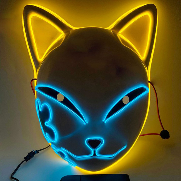 SINSEN Demon Slayer Fox Mask LED Cosplay Cat Mask Japansk Anime Halloween kostyme rekvisitter for barn Voksne V Yellow