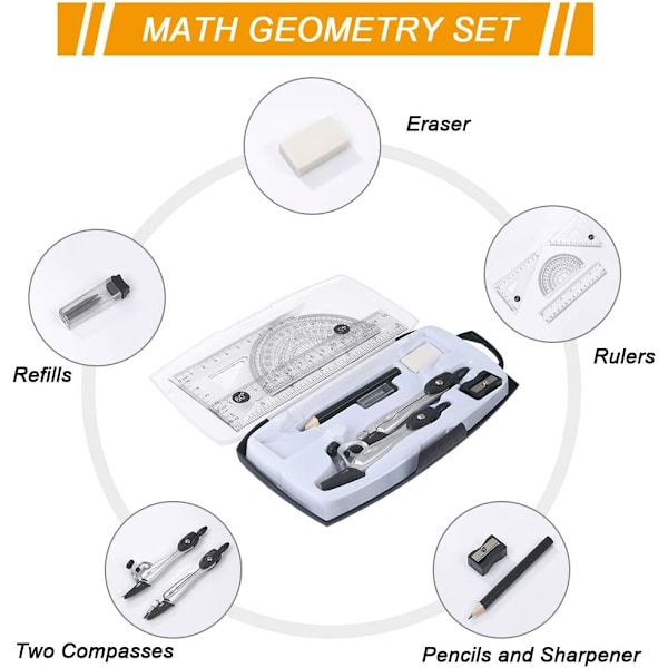 Geometri Set, 10 st Geometri Kit, Gradskiva Kompass Penna Linjal Penna Blyertspåfyllningar