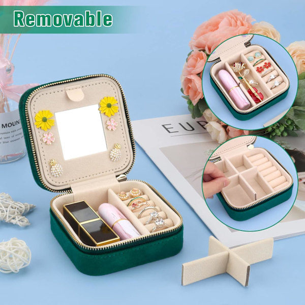 Mini Smykkeskrin i Velour til Rejser med Spejl, Smykkeskrin Organizer til Rejser, Smykkeopbevaringsboks til Ringe Øreringe Halskæder Armbånd Sort Dark Green