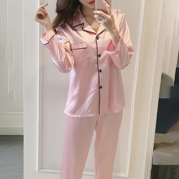 Hmwy-women Satin Silk Look Sleepwear Pyjamas Long Sleeve Nightwear Set CMK Pink XL