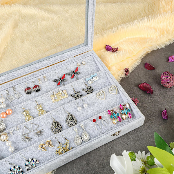 Øreringeorganiseringsbakke Display Grå Velour med 50 Rum og Låg - 4-lags Smykkeorganiser Øreringe Display med Klart Glaslåg Stud Øreringe