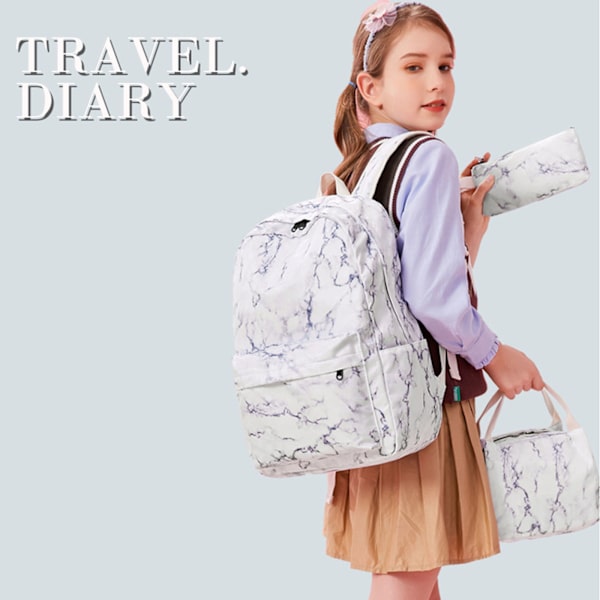 Söt marmor skolryggsäck för flicka Pojke Tonåringar Bokväska Set Laptop Dagsäck Lunch Tote Pencil Bag Skolväska