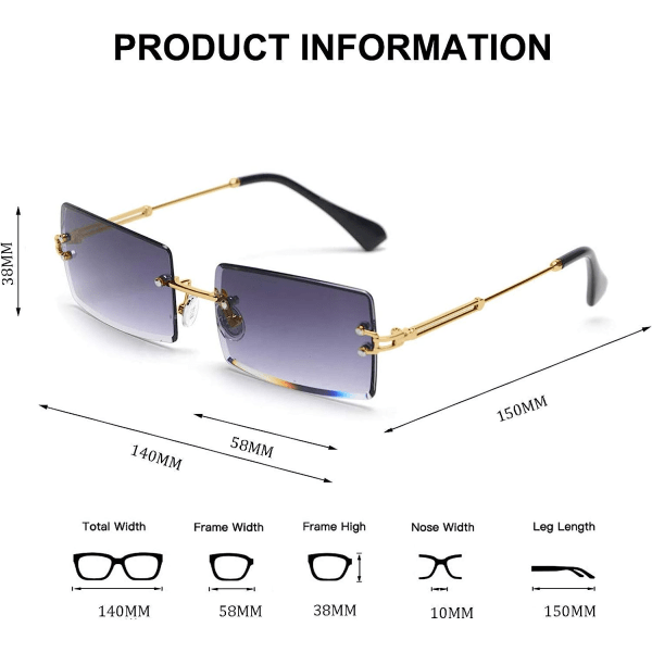 Båglösa rektangelsolglasögon för kvinner/män Ultralätt metall Gradient Grey