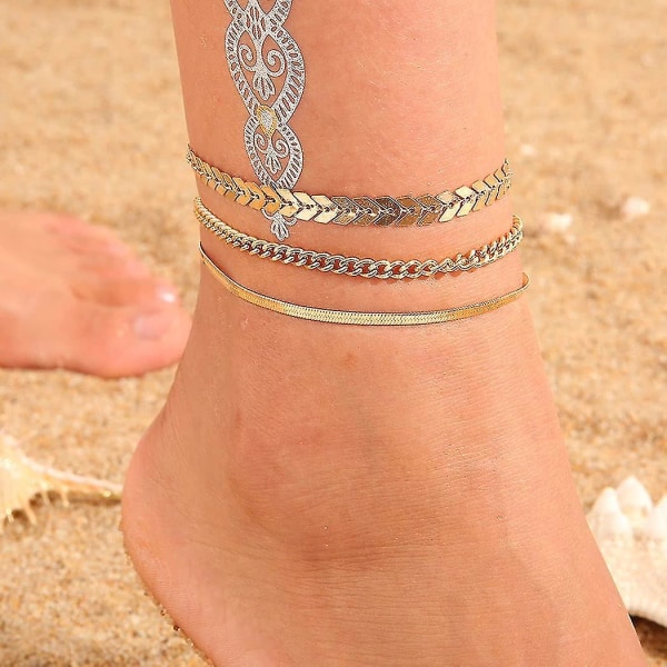 Anklet Gold Fishbone Ankelarmband Layered Anklet Set