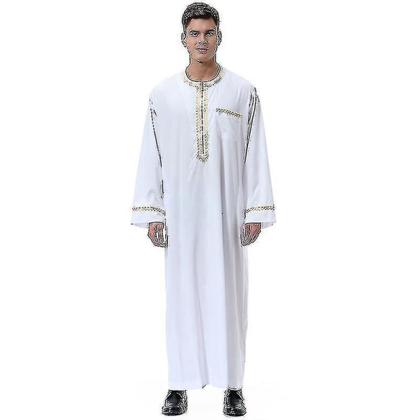 Men Mu  Saudi Robe Kaftan Dubai Tunic Long Top Blouse Thobe Clothes CMK white XL