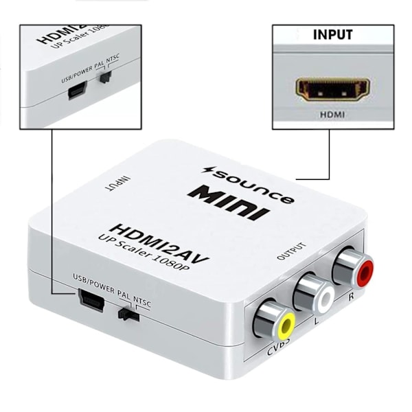 HDMI til AV/RCA 1080P Signalomformer Universal Black Svart