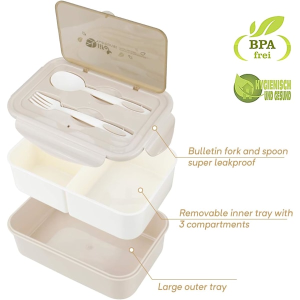 Bento-rasia aterimilla, tiivis sulku, elintarvikehyväksytty PP-materiaali, täydellinen toimistoon ja piknikille, 1400 ml tilavuus, FDA-hyväksytty, BPA-vapaa