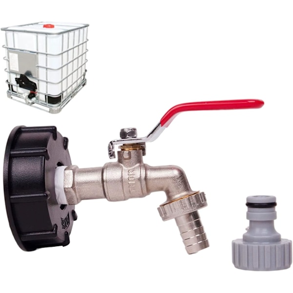 1000L Tankkran Regnvattensamlare Kran, IBC Vattentank Adapter 1/2" Dubbel Mässingskran Tillverkad av PP Grov Tråd 60mm (1st)
