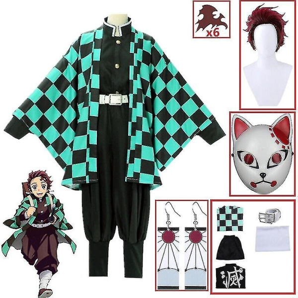 Demon Slayer Kimono Kamado Tanjirou Cosplay Costume Halloween Anime Uniform Set For Adult Kids V 9 piece set L