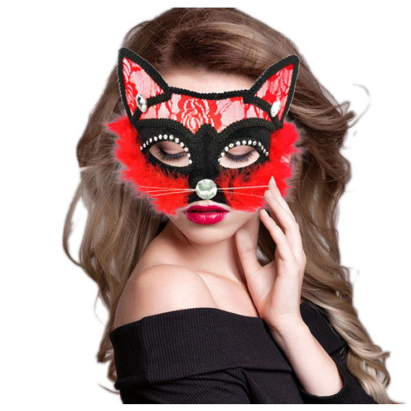 Maskeradmask Black Cat Lace Mask red