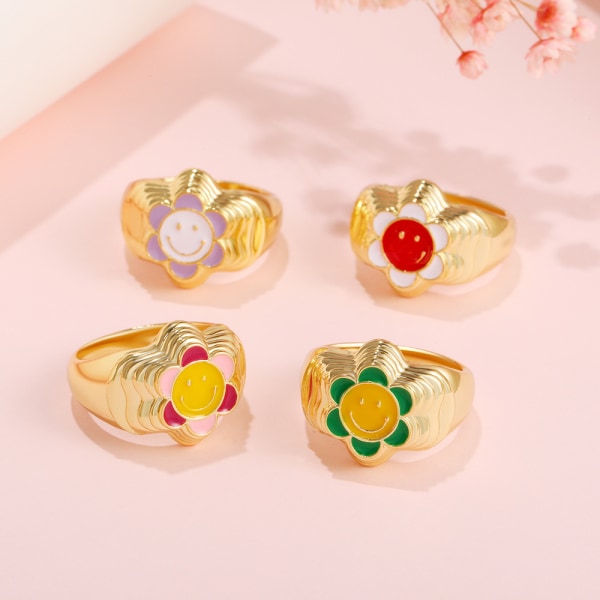 Guldringar, Set med söta hjärtblommor for kvinder, flickor, tykke ringar, lila, størrelse:7