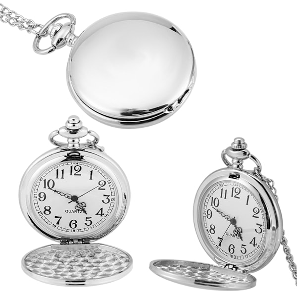 Klassisk kvarts analog slät fickur halsband hänge med kedja silver