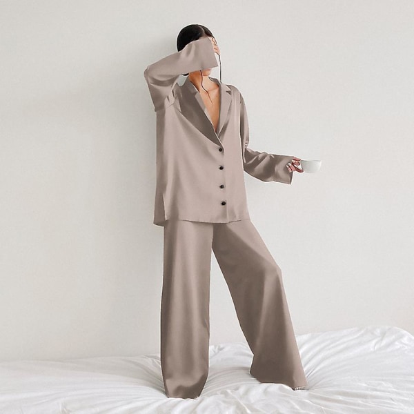 Oversized Satin Silk Sleepwear Low Cut Sexy Pajamas For Women Single-breasted Long Sleeves Wide Leg Pants Trouser Suits CMK Light Brown M