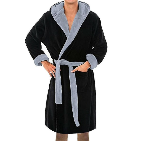 Men Hooded Fleece Dressing Bathrobe CMK Black L