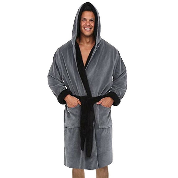 Men Hooded Fleece Dressing Bathrobe CMK Grey S