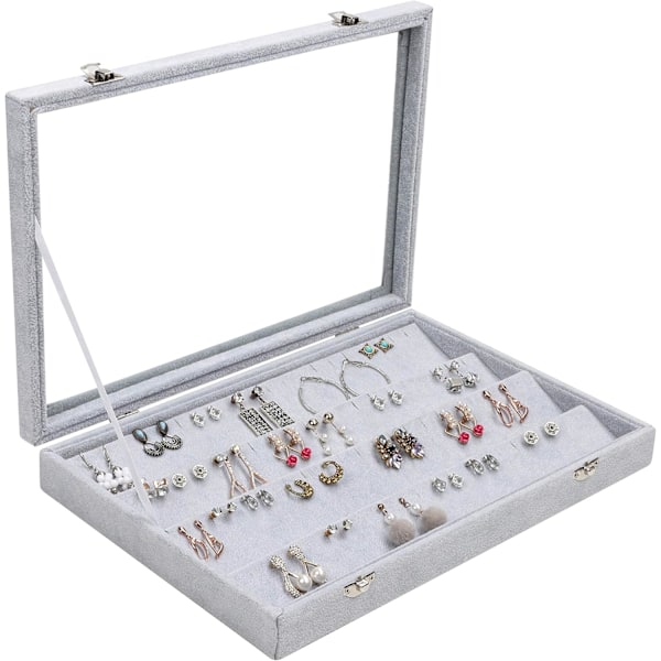 Øreringeorganiseringsbakke Display Grå Velour med 50 Rum og Låg - 4-lags Smykkeorganiser Øreringe Display med Klart Glaslåg Stud Øreringe