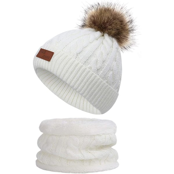 Baby varm lue skjerfsett med pels Pom Pom white