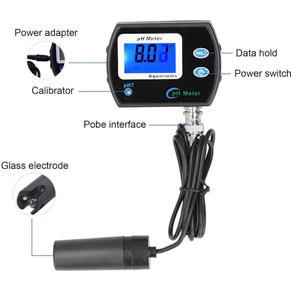 PH900 PH-måler LCD Digital Vand PH-tester med Udskiftelig Elektrodesonde Høj Nøjagtighed til Vandkvalitetstest EU-stik 220V