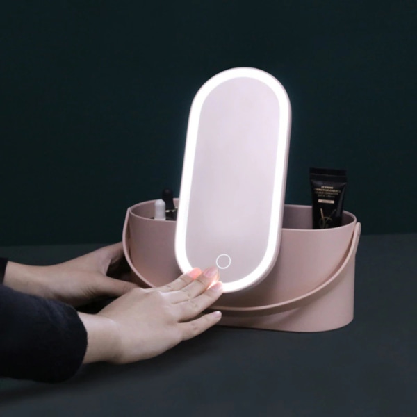 Spegel Bärbar Makeup Organizer Box med LED-ljus B