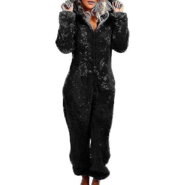 Women Winter Fluffy Fleece Hooded All In One Jumpsuit CMK black l