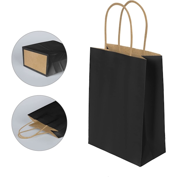 Paperikassit juhliin, 12 kpl lahja- ja karkkipusseja kahvoilla, mustat voimapaperikassit lastenjuhliin, syntymäpäivään, häihin, jouluun (150x80x210mm) Black