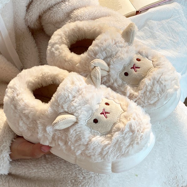 Women's Autumn and Winter-Cute Little Sheep Cotton Slippers-(White with Covered Heels) 40-41