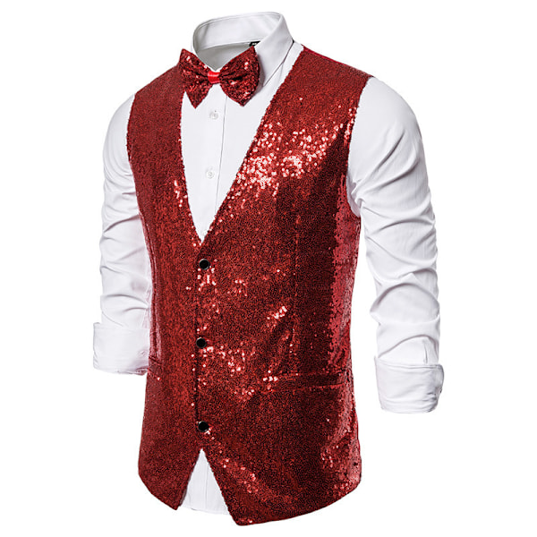 Herre Glitrende Pailletvest V-hals Regular Fit Festdragt Kostume Vest Butterfly 2 Dele rød red M