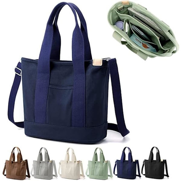 Multi-Pocket Tote Bag med dragkedja, Canvas Handgjord Handväska med fack, Multifunktion Satchels Bag för kvinnor Damer Univisity Skola Arbete Reso Dark Blue - Medium
