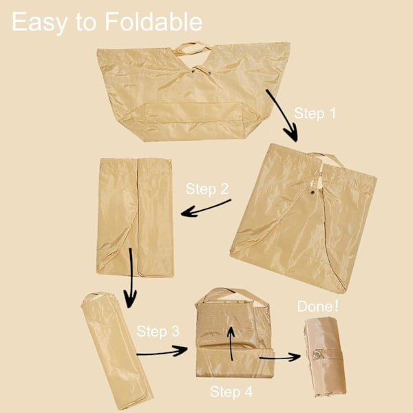 Sammenleggbar handleveske for matvarer, stor kapasitet bærbar tote bag for reiser vanntett gjenbrukbar poser med håndtak piknik strand (brun)
