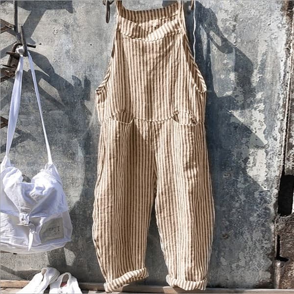 Dam Bomull Linne Raidalainen Haalari Playsuit Overall punainen red M